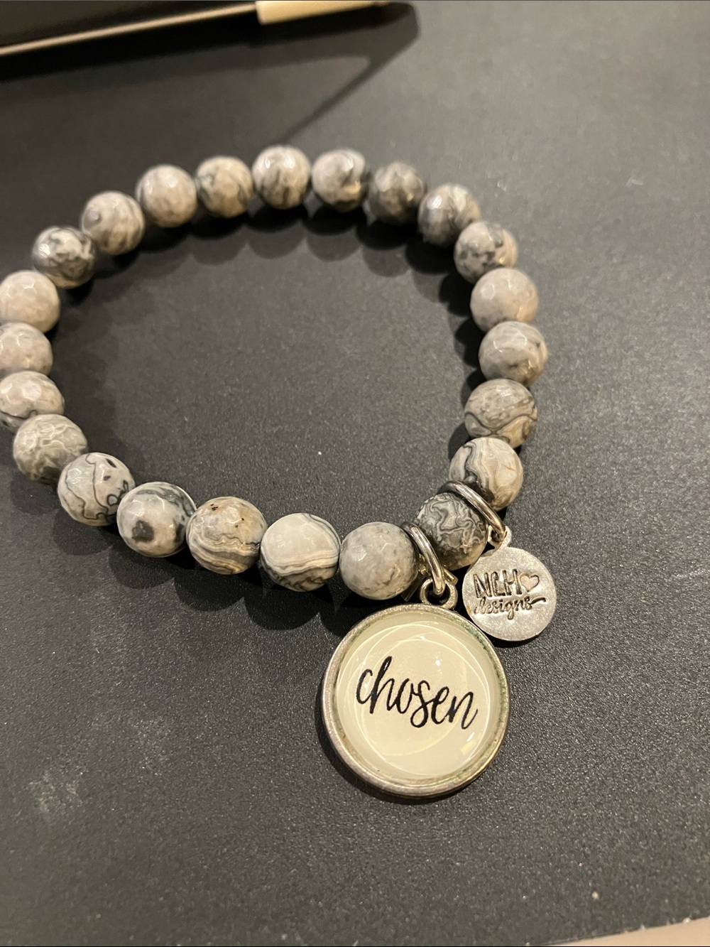 MKM Designs Gray Marbled Bead Bracelet with "Chosen" Charm